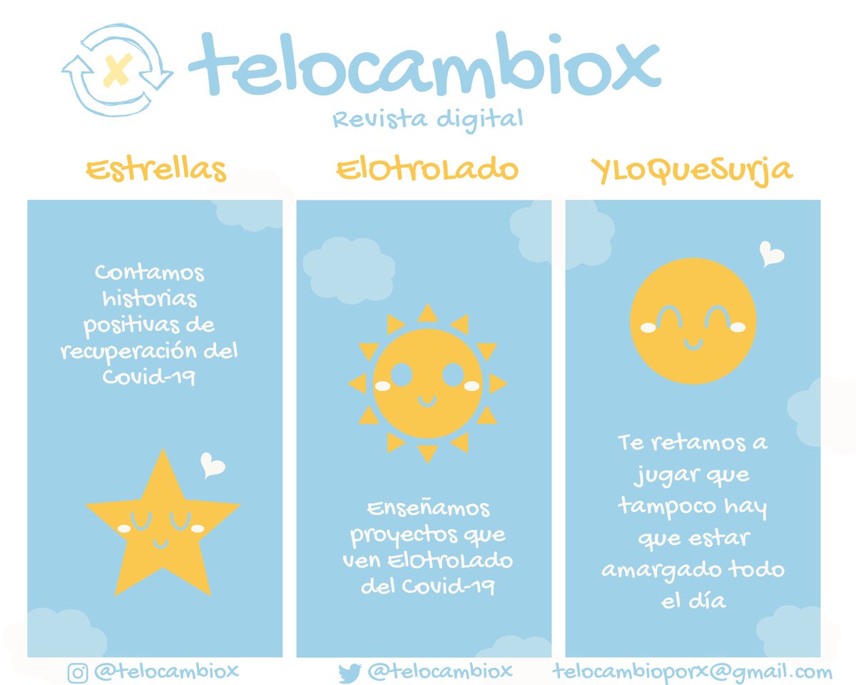 telocambiox's tweet photo. Hola! Estamos cansadxs de tantas noticias negativas, #yabasta. En #telocambiox queremos cambiar tu estado de ánimo en tiempos de 👑🦠. Te vamos a traer historias de 🌟, proyectos que ven ElOtroLado, YLoQueSurja... #VenceAlVirus #YoMeQuedoEnCasa #FrenaLaCurva https://t.co/iiSl8ULp3c