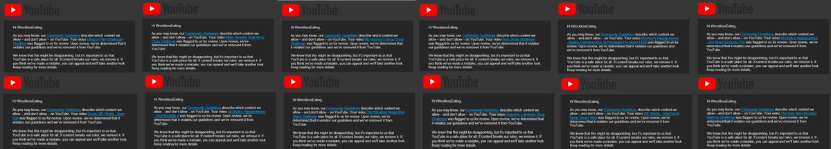 WrecklessEating's tweet photo. Could really use some help here @TeamYouTube. 10 years on the platform &amp; never had a problem of this magnitude. I understand things are dire in the world but please don't make creators worry more than necessary. All of these are years old. This is unfair treatment. https://t.co/YDunClB8fc