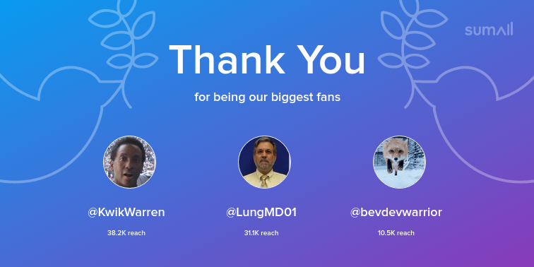 Delriz3's tweet photo. Our biggest fans this week: KwikWarren, LungMD01, bevdevwarrior. Thank you! via https://t.co/on2HDayh98 https://t.co/yZthAZRsi9
