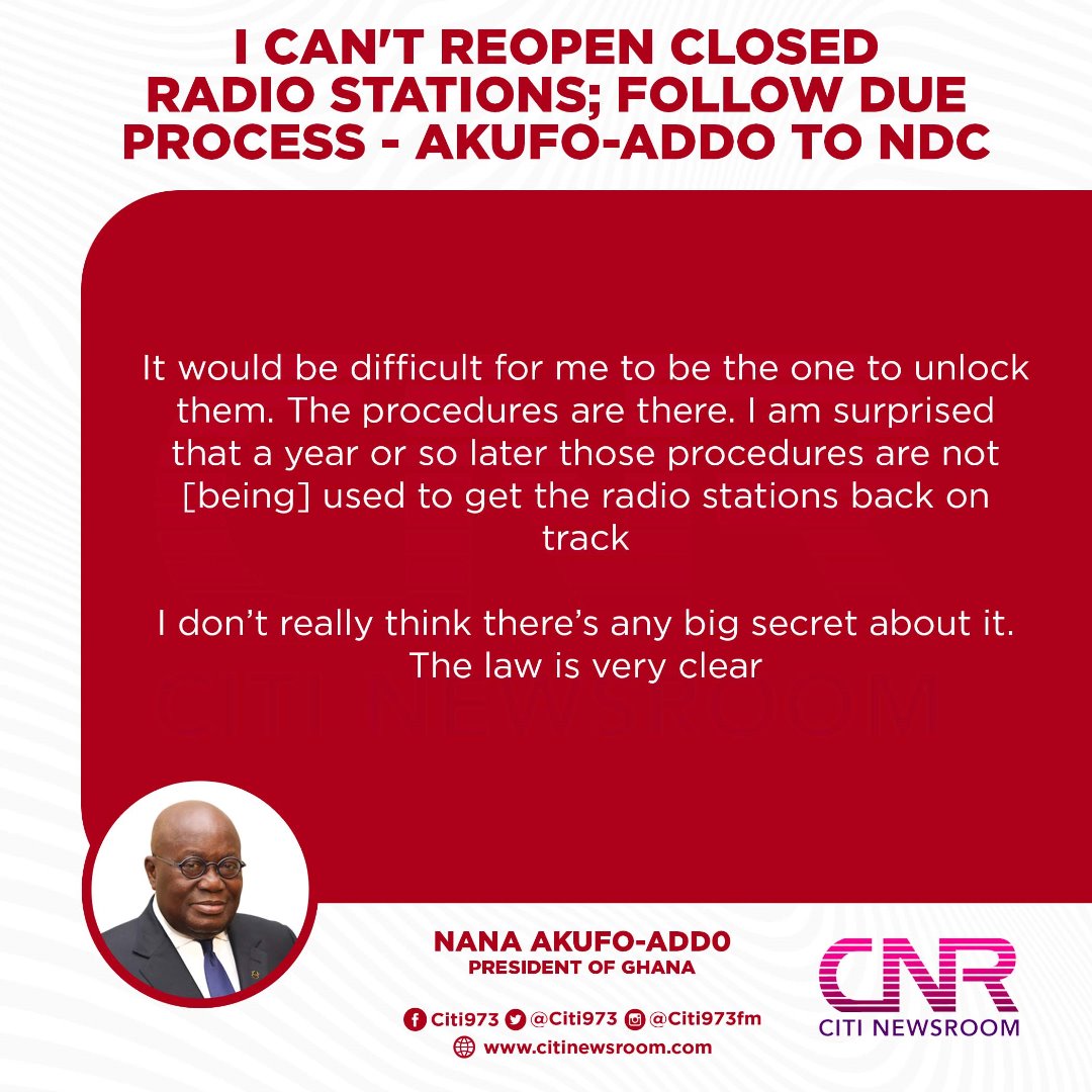 Citi973's tweet photo. .@NAkufoAddo speaks on the issue of reopening radio stations that were closed down last year 

What are your thoughts? #CitiNewsroom https://t.co/6Lyc1NihNc