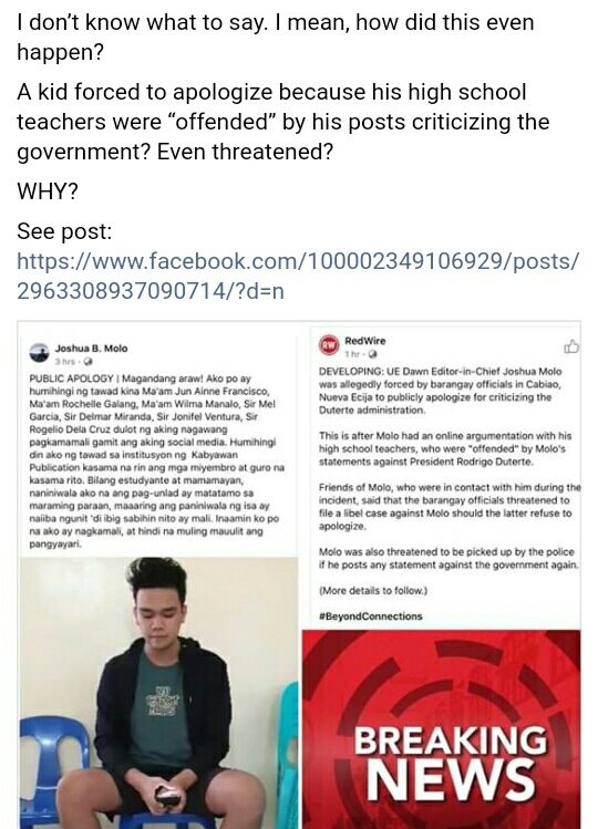 WTF. So, The High School Teachers of UE Dawn Newspaper's Editor-in-Chief's were offended by his critical remarks vs the Duterte Admin. So, his DUMB high school teachers—NOT UE UNIVERSITY PROFESSORS—reported him to the TraPo BRGY.KAILAN PA NAGING MASAMA MAGKAROON NG OPINYON?!