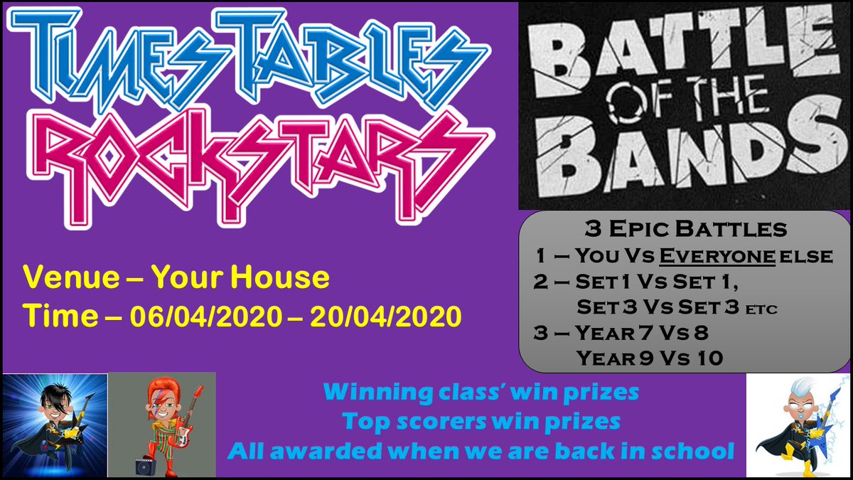 We want to wish you and your families a very happy, healthy and safe Easter 🐰🥚. 
We are launching a TTrockstars competition for ALL pupils; 6th-20th April. 
Prizes will be awareded when we return to school.🎖️🏆#TimesTables #PracticeMakesPerfect #EnjoyMaths #BelongBelieveAchieve