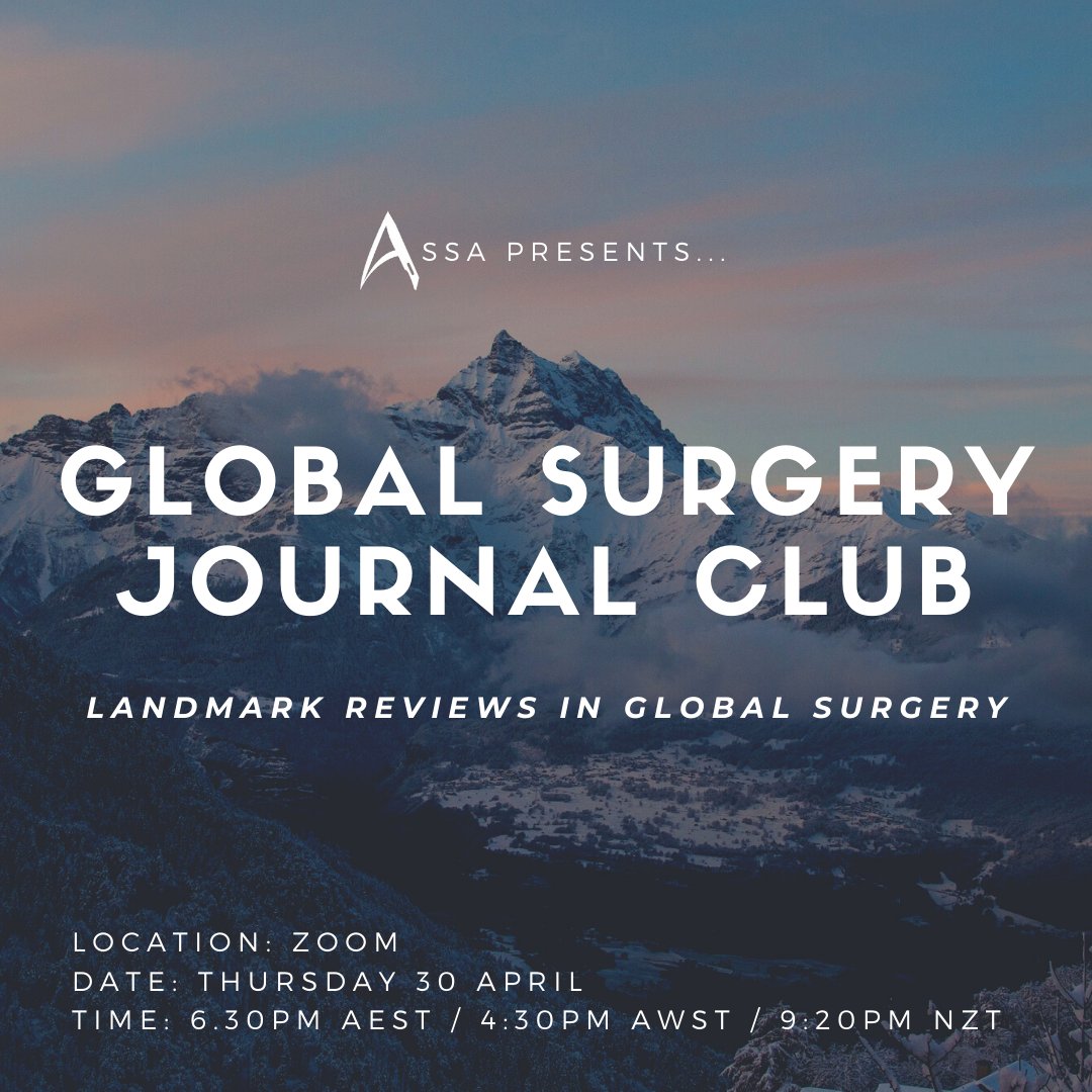 Excited to host our first online Global Surgery Journal Club!

Featuring presentations and discussion around 'Landmark Reviews in Global Surgery'. All Australasian medical students are encouraged to present - sign ups open 8 April 5PM AEST!

RSVP to our Facebook event for updates