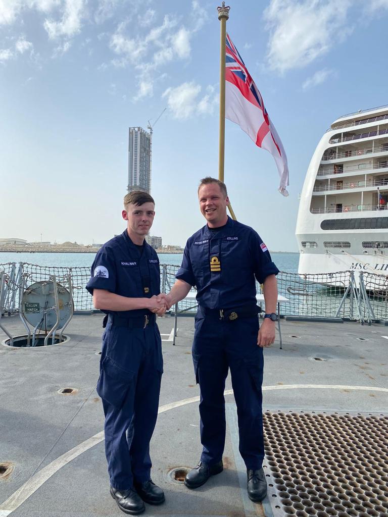 HMSMontrose's tweet photo. ET WE (CIS) Dunphy and ET WE (CIS) Carruthers from @HMS_Montrose Starboard Crew receiving their AB1 badges from the Commanding Officer Cdr Charlie Collins. Photo taken pre-social distancing! #MTROStbd @royalnavy #weaponengineeringbranch #CIS #beforesocialdistancing #washyourhands https://t.co/AZqVoztxMq