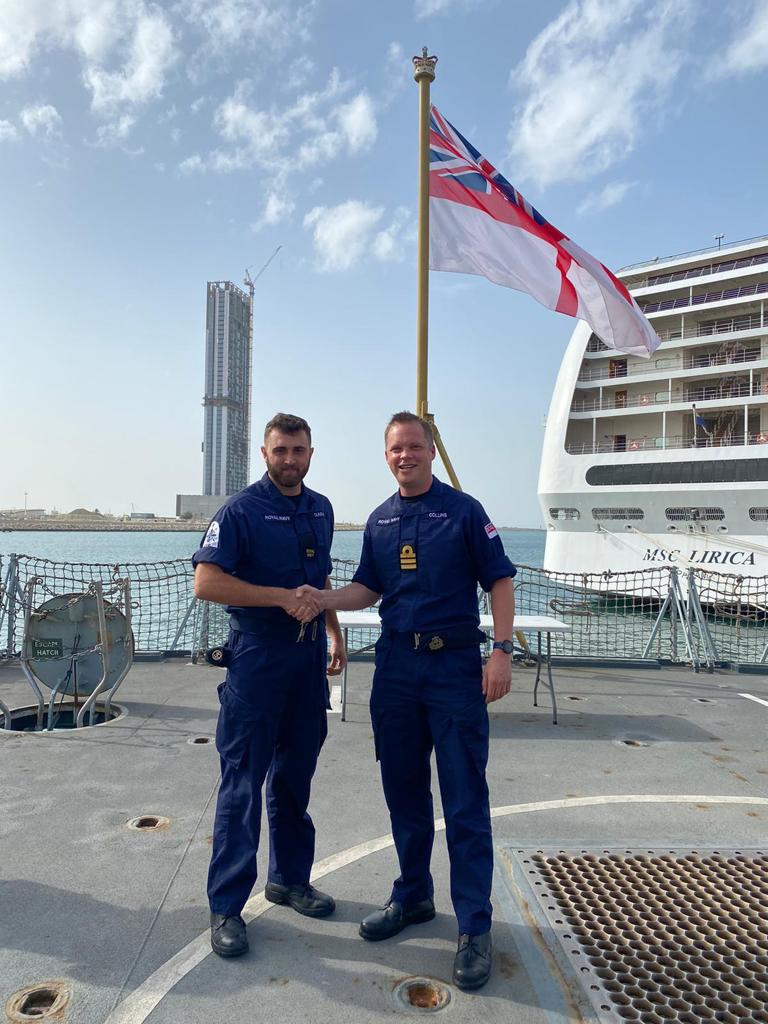 HMSMontrose's tweet photo. ET WE (CIS) Dunphy and ET WE (CIS) Carruthers from @HMS_Montrose Starboard Crew receiving their AB1 badges from the Commanding Officer Cdr Charlie Collins. Photo taken pre-social distancing! #MTROStbd @royalnavy #weaponengineeringbranch #CIS #beforesocialdistancing #washyourhands https://t.co/AZqVoztxMq