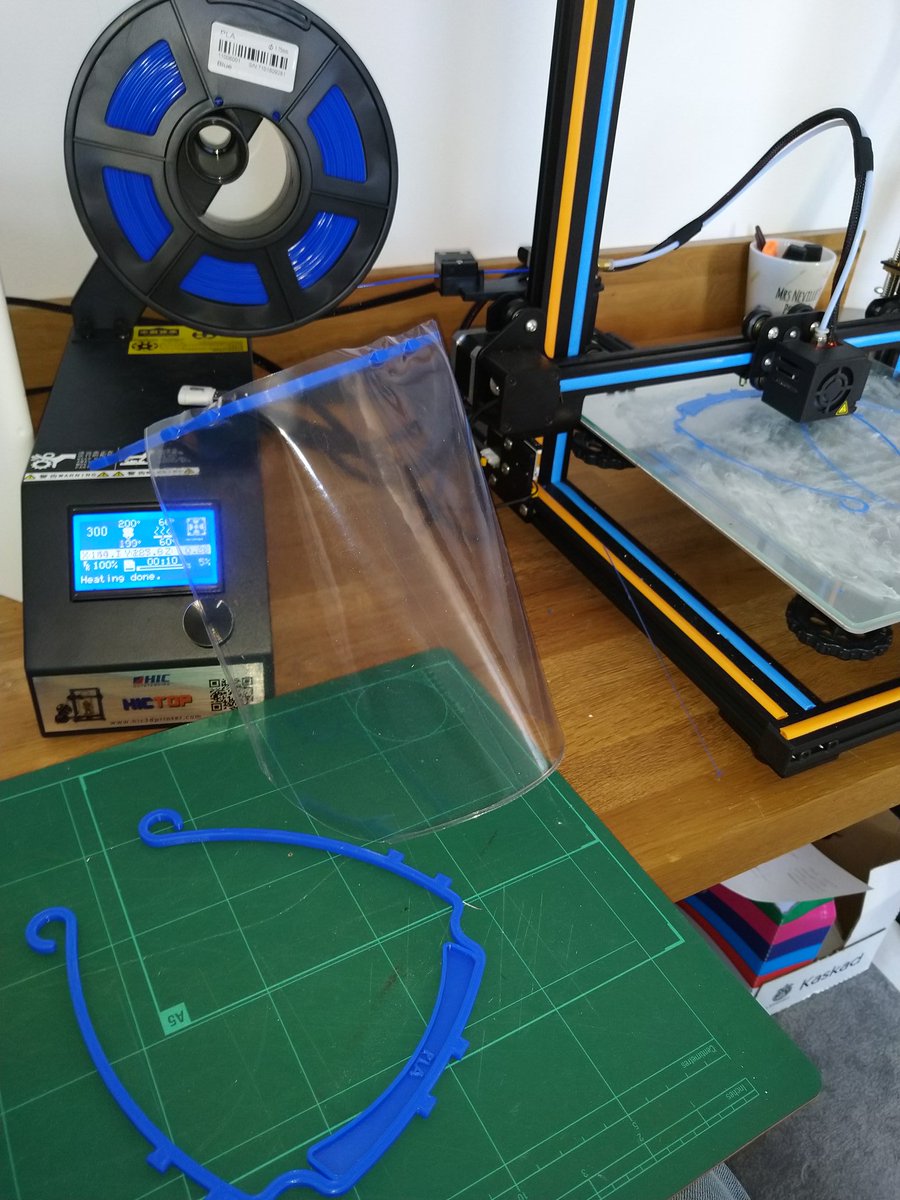 The first batch of 3d printed full face shields are coming out perfectly for some key frontline carers and nurses. Just need to nip into school and get some nice clear plastic. @SandringhamSch1 #stem #DTrules #ThankyouNHS pic.x.com/KgCaOhibWM