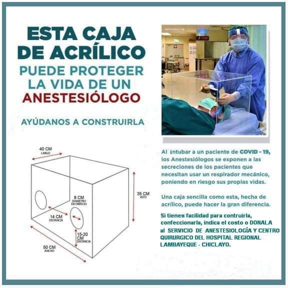 ElmerMascaro's tweet photo. #Creatividad en Tiempos de #Covid. Es necesaria estas cabinas para proteger a los Anestesiologos (evitar secreciones ) preveer su uso a nivel nacional. @Minsa_Peru @EsSaludPeru @SINAMSSOP1 @FMedicaPeruana @VeroLinaresC @RosanaCuevaM @KarlaCalle @malditaternura @Tecsup_pe https://t.co/4iZlvc0fOO