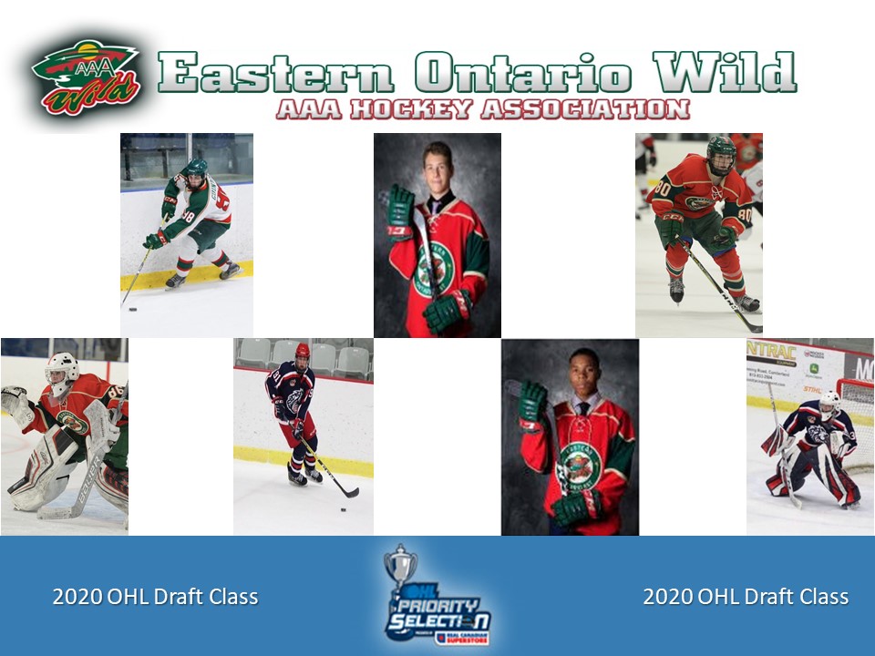 EOWildAAA's tweet photo. The E.O. Wild AAA Hockey Association would like to congratulate our 7 Alumni on being selected in the 2020 OHL Priority Draft. Cedrick Guindon, David Goyette, Jonathan Melee, Jackson Parsons, Cedricson Okitundu, Charlie Schinkel, Brayden Bowen. @EOWildAAA @HEOU18AAA @HeoMinor https://t.co/fNmFZb5aE3