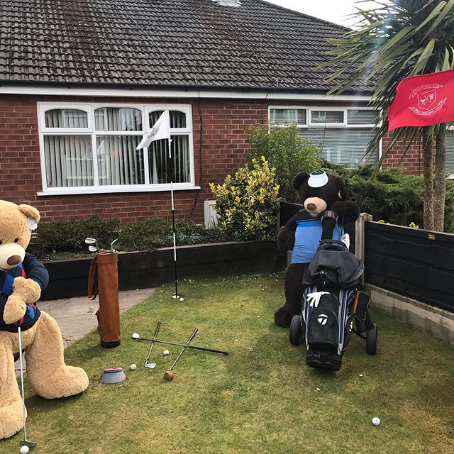 HeatonMoorGC's tweet photo. Instagram lockdown sensations #themoorbears are flying the #HMGC flags today. Ted & Ed enjoy some putting practice in the sunshine. Stay safe everyone https://t.co/zSfNAvP1gk