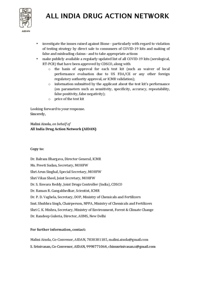 Bangalore-based startup  @Bioneventures is selling "at-home" COVID-19 rapid antibody screening tests for Rs2500 on its website. AIDAN has raised concerns to  @CDSCO_INDIA_INF  @ICMRDELHI about direct-to-consumer marketing of test kits & to investigate this