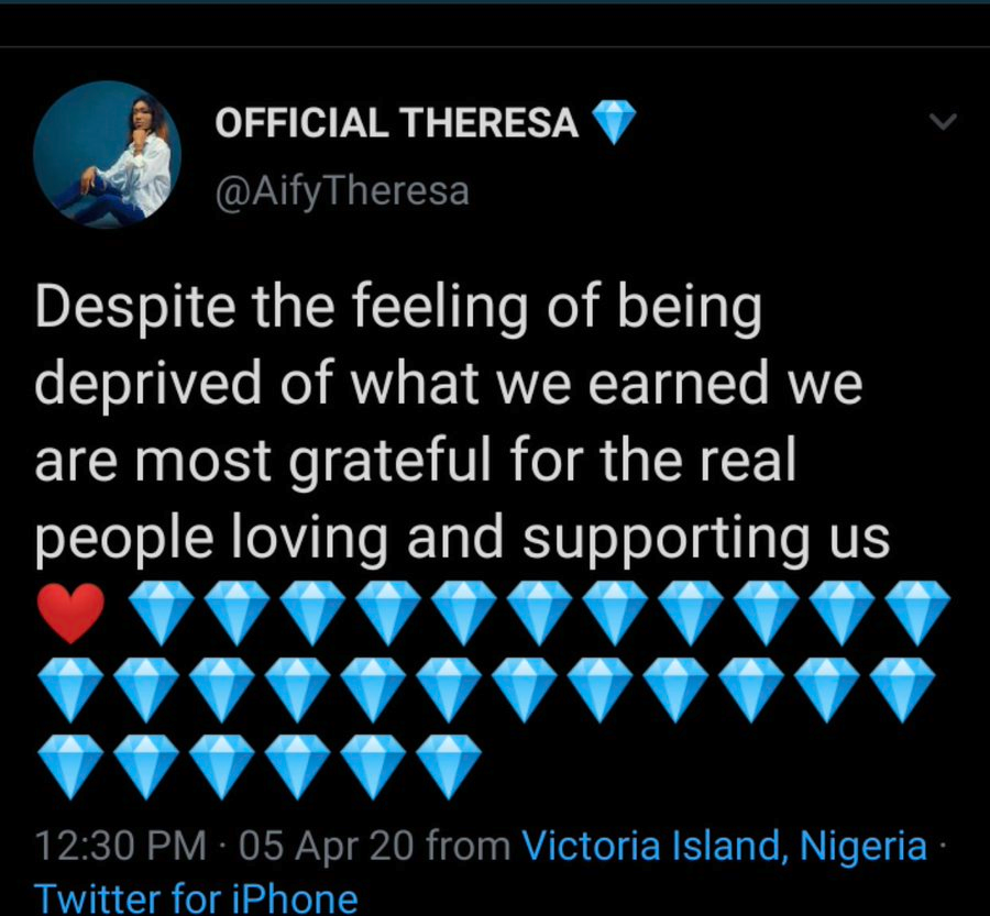 Hi Theresa.  @AifyTheresa Good afternoon. You were not "deprived" my darling. What you "earned" is what you got: 2nd position. Your tweet is disrespectful to the organisers,  #RoksieTheUltimateWinner fans and also to your own fans who tried hard for you but were clearly outnumbered