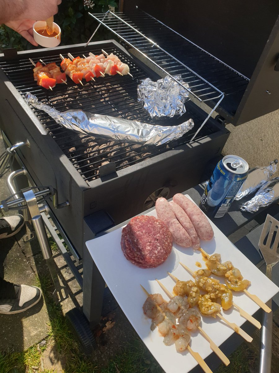 BonsHall's tweet photo. While the bubba sleeps 😴 Mummy &amp; Daddy will feast! 🦐🥩🍗🥂 #quarantine #sunshine #bbq https://t.co/l2VIokF5bo