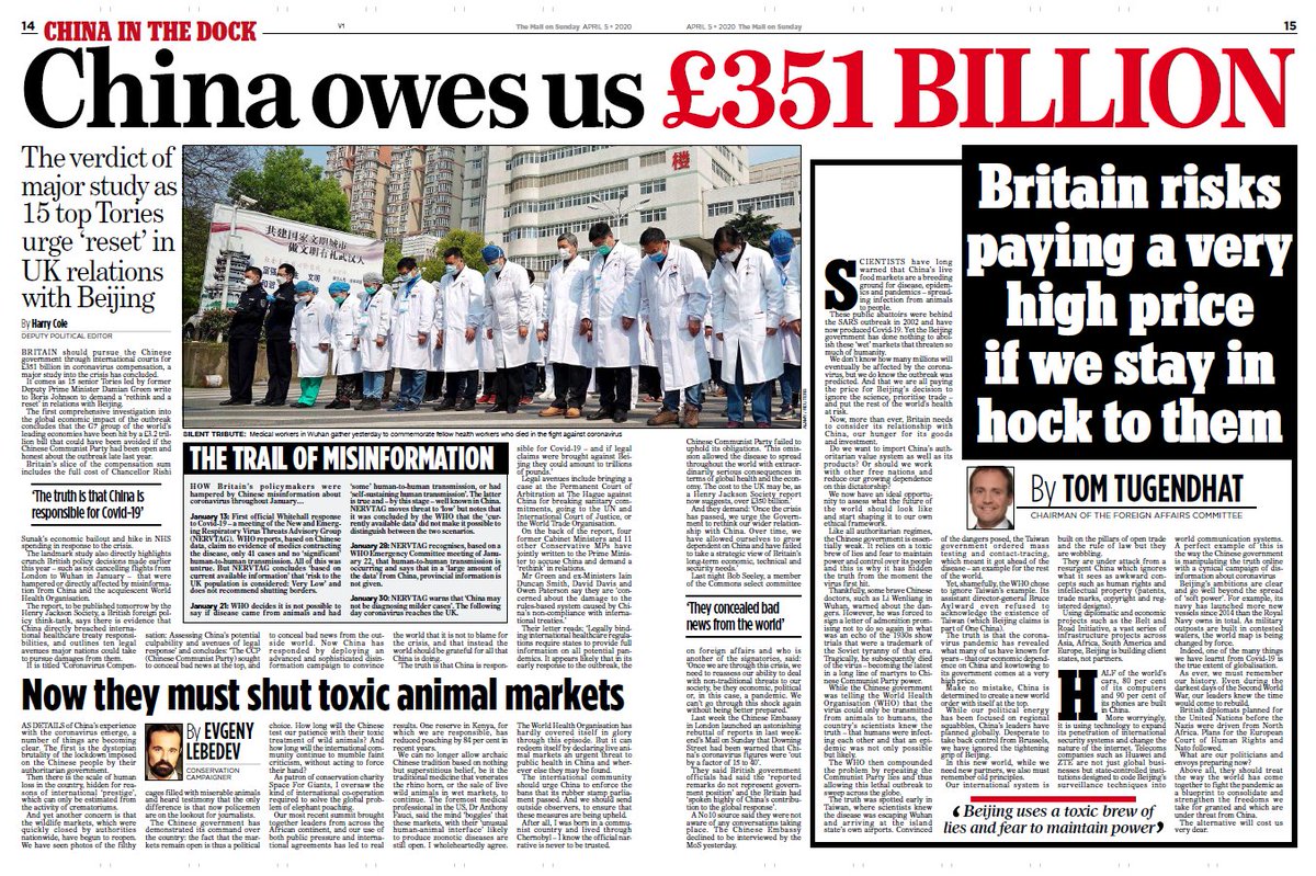 英国明天的泰晤士报，中国因释放武汉瘟疫，欠英国3510亿英镑。