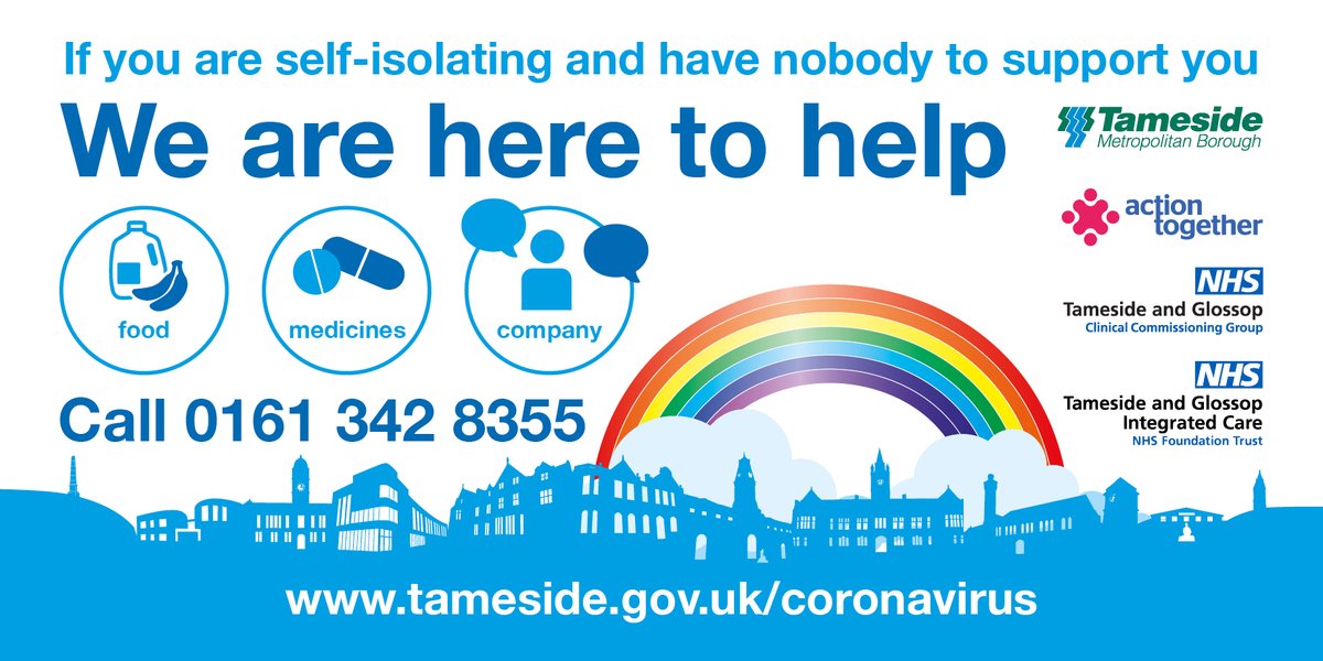 #Tameside residents! If you are self-isolating &amp; have no family, friends or neighbours to support you with the delivery of essential items, please get in touch with <a href="/TamesideCouncil/">Tameside Council</a>  so that we can arrange the support you need. Call 0161 342 8355 or visit tameside.gov.uk/coronavirus/em…