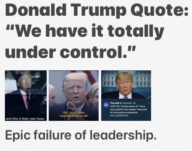 hustonmckinney's tweet photo. #TrumpWarns Hoax! Totally under control! One or two ppl from China! We have about 15 soon to be zero! These are statements made by @realDonaldTrump before he is now saying “there will be death.” Yes, and there could’ve been a lot LESS death if Trump had not lied. #TrumpMustGoNow https://t.co/7QiQeAIIas