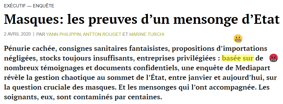 TimdeRauglaudre's tweet photo. Depuis trois jours je veux lire l'enquête de @Mediapart sur les masques mais je bloque à cause du "basée sur de nombreux témoignages et documents confidentiels" dans le chapô. "Basé sur" est un anglicisme et le restera toujours... #typonazi
https://t.co/l45cd1SjFU https://t.co/KYvbQgFsNF