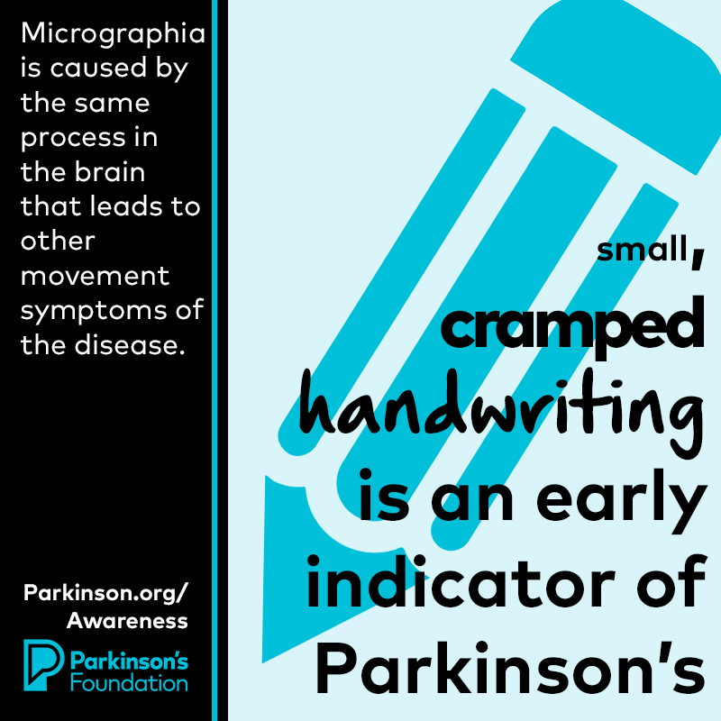 Changes in handwriting can be an early indicator of #ParkinsonsDisease. Our publications, like our 10 Early Signs Fact Sheet, are available free of charge thanks to generous #donors like you.

Join the movement. Donate today: Parkinson.org/April11 #ParkinsonsAwarenessMonth