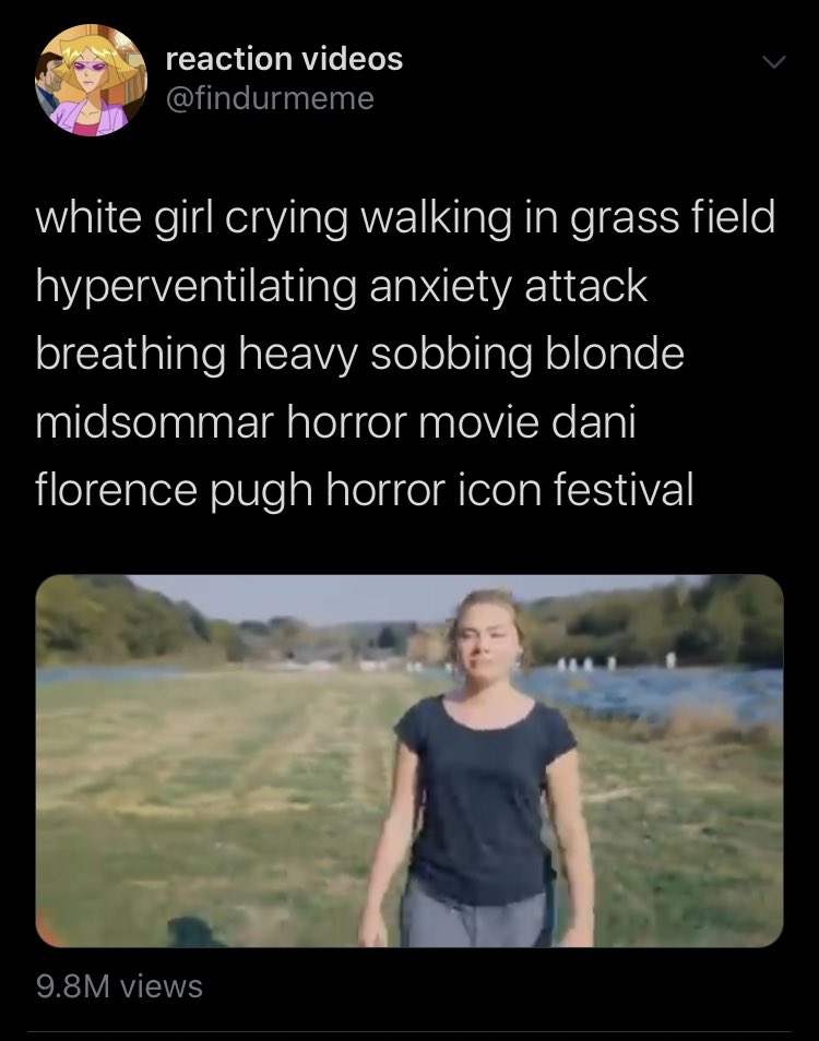 white girl crying walking in grass field hyperventilating anxiety attack breathing heavy sobbing blonde midsommar horror movie dani florence pugh horror icon festival