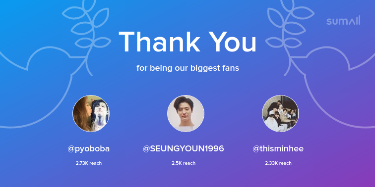 sonyeonminhee's tweet photo. Our biggest fans this week: pyoboba, SEUNGYOUN1996, thisminhee. Thank you! via https://t.co/QEOn0iJPN6 https://t.co/8C933QmaR0