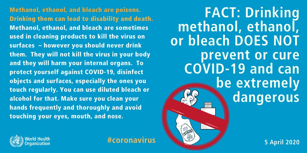 FACT: Drinking methanol, ethanol or bleach DOES NOT prevent or cure  #COVID19 and can be extremely dangerous.  #coronavirus  #KnowTheFacts