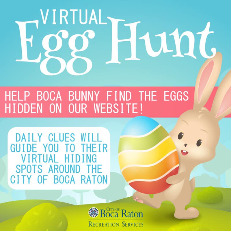 BocaRecreation's tweet photo. 🐰🥚🕵️♀️Starting TOMORROW Mon, April 6-Sun, April 12 we're hiding VIRTUAL eggs on our website to test your knowledge of City parks...and win PRIZES!
Daily clues will be posted @ 11am for finding Boca Bunny’s hidden eggs. Details ➡️https://t.co/dd9vO8eNHG
#BocaRaton #StayHomeFun https://t.co/FvVByoAyty