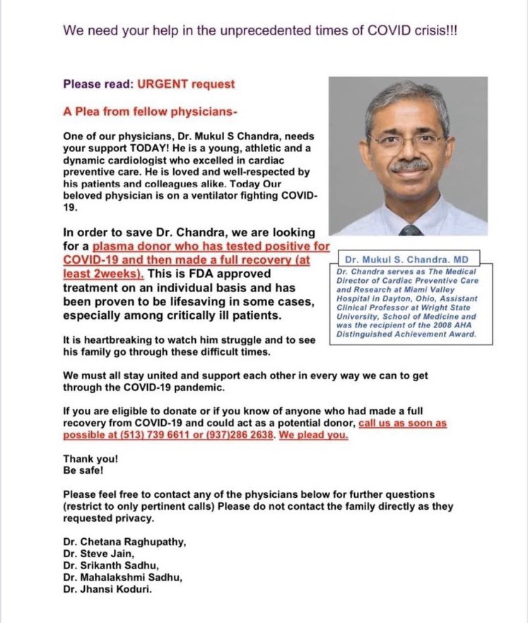 Dr Mukul Chandra  @preventheart   A fine man & a cardiologist in Dayton Ohio is on a ventilator fighting Covid19.  This shit is frightening. #Dayton #Ohio #COVID2019 #HealthcareHeroes #COVIDFrontline