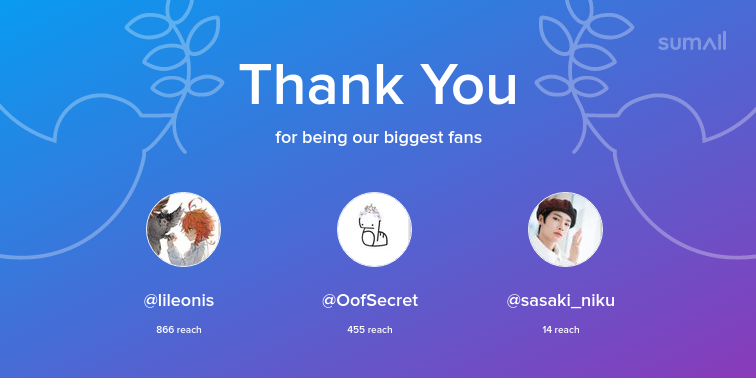 Our biggest fans this week: lileonis, OofSecret, sasaki_niku. Thank you! via sumall.com/thankyou?utm_s…