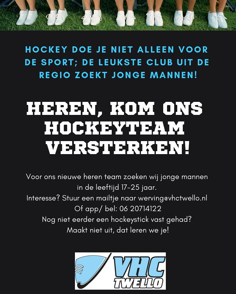 vhctwello's tweet photo. Jongemannen opgelet: 
Ben jij tussen de 17 en 25? Heb je hockey ervaring? Kom je uit omgeving Deventer/ Apeldoorn/ Zutphen/ Twello? Heb jij zin om in een jonge upcoming competitie te spelen met leeftijdgenoten? 

App/ mail voor meer informatie! 
#jongheren #HockeyIsForEveryone https://t.co/nRAXPFQvuN