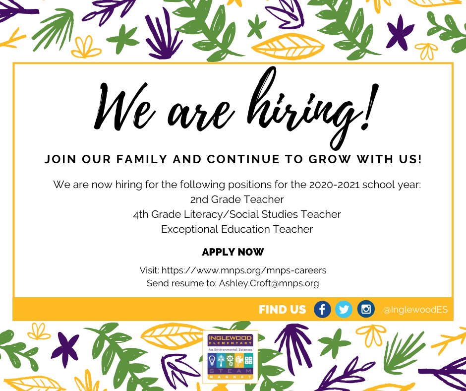 amcallery's tweet photo. We're looking for experienced, kid-centered team players to join us next year! Team Inglewood is a truly incredible group of educators, and I feel so lucky to get to work with them.

If you know someone who might be a good fit, please tell them to reach out to me. @InglewoodES https://t.co/gnRkC2idr8