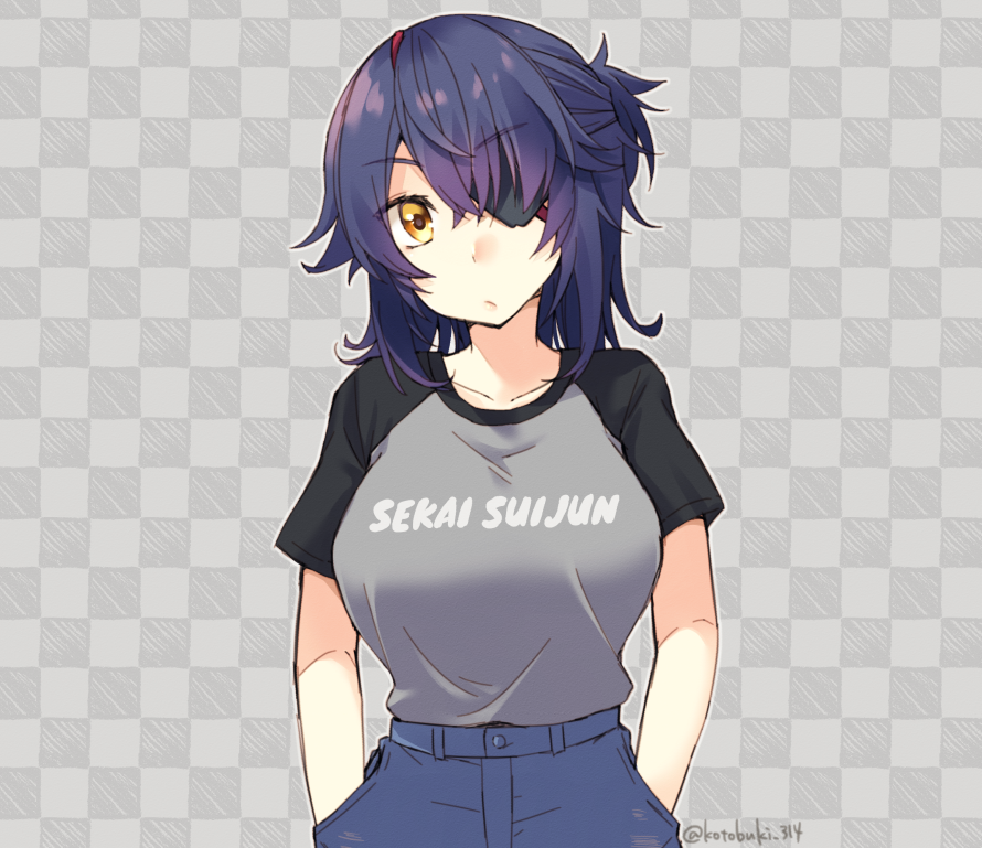 tenryuu (kancolle) 1girl twitter username solo eyepatch purple hair breasts brown eyes  illustration images