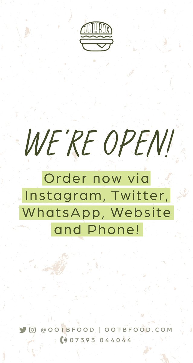 WE'RE OPEN.

For all your burger needs, we're here until 11pm! 😋. 

Call us on 07393 044044 or visit us on ootbfood.com to place an order.
