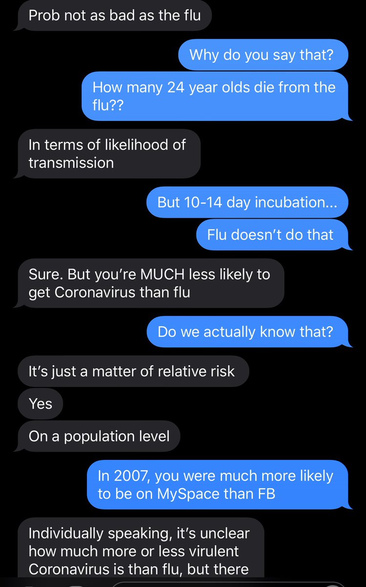 This was the conversation I was having in mid-February with a Public Health PhD friend in NYCShe is my age & studies AIDSShe works at a hospital in the Bronx, not an organ of governmentSHE SHOULD HAVE BEEN SMARTER THAN ME!!