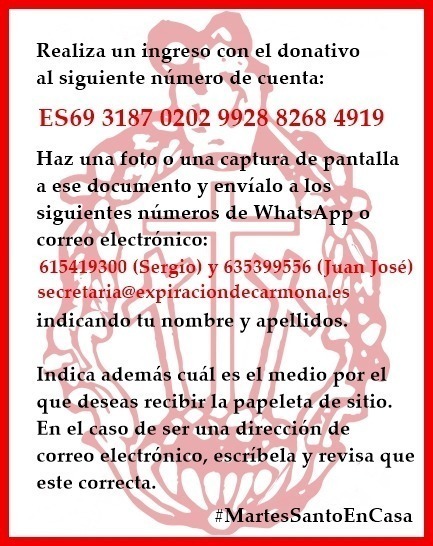 SagradaExpirac's tweet photo. En base a las peticiones recibidas por parte de muchos hermanos, nuestra Hermandad va a editar una papeleta de sitio, que puedes adquirir siguiendo el procedimiento que a continuación se va a difundir por nuestras redes sociales.

#MartesSantoEnCasa https://t.co/fdOvX2lFjA