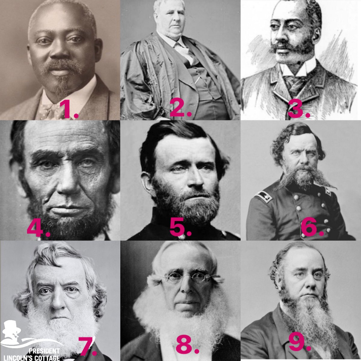 LincolnsCottage's tweet photo. What stage is your quarantine beard (literal or metaphorical)? 
1. William Harvey Carney 
2. David Davis
3. Charles Redmond Douglass
4. Abraham Lincoln 
5. Ulysses S. Grant 
6. Alpheus Starkley Williams
7. Gideon Welles
8. Peter Cooper 
9. Edwin Stanton https://t.co/AbDT9iEuMl