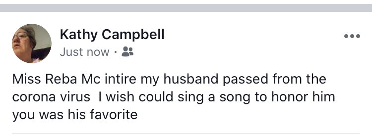 LorrieJSmethers's tweet photo. @reba..this is a long shot, but this woman lost her husband to Covid-19 and is in ICU fighting back from the virus herself. She is a volunteer and grandmother for one of Girl Scouts in Texas. Would be awesome for even a small chorus I could share with her!! https://t.co/o9tAxvH9Mt