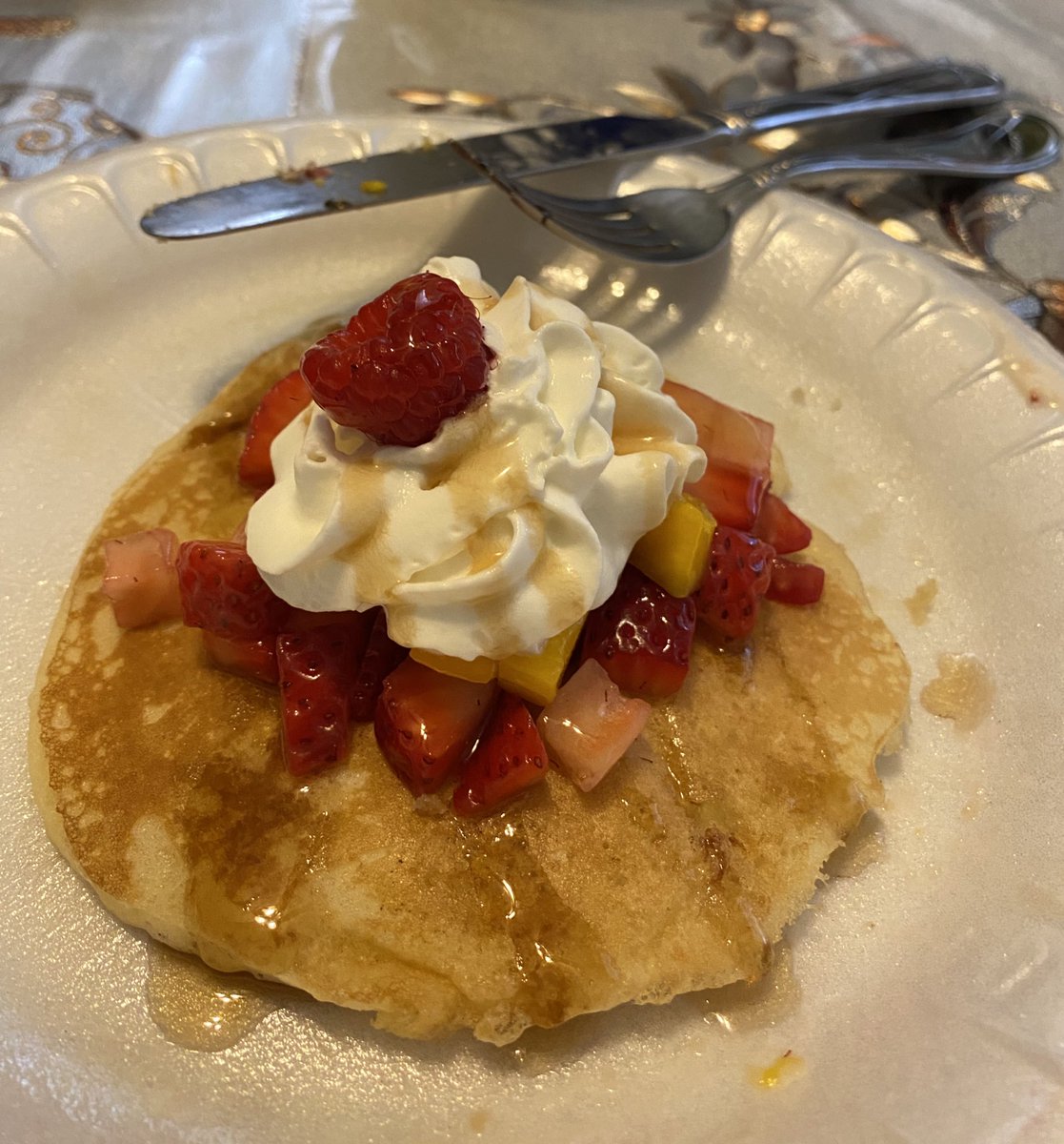 Day 20: Mom made pancakes. She threw an extra one on my plate after I finished, and since me and my sister were the last ones eating, I figured I’d get a little cutesy. As you can (kinda) see, there’s mango under the whipped cream and that was the Best Part