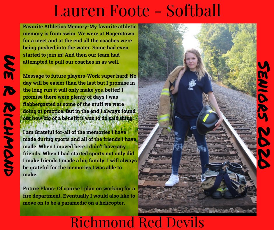 RHS Softball (@wersoftball) on Twitter photo Our last Senior Spotlight is Lauren Foote! Thank you <a href="/lauren_5252/">Lauren Foote</a> for being such a great example of a focused athlete with an amazing work ethic! You will be missed! @RichmondAD2019 <a href="/RHSRedDevils/">Richmond Athletics</a> Our last Senior Spotlight is Lauren Foote! Thank you <a href="/lauren_5252/">Lauren Foote</a> for being such a great example of a focused athlete with an amazing work ethic! You will be missed! @RichmondAD2019 <a href="/RHSRedDevils/">Richmond Athletics</a>