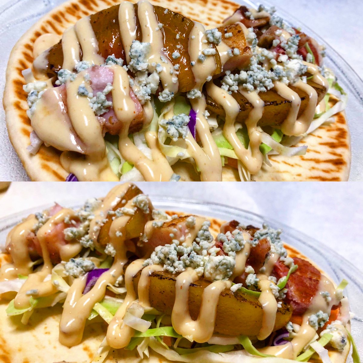 HangingCafe's tweet photo. Our Hickory Smoked pork Belly Peach Pita! This tasty little guy is made on a Vegan friendly pita, a veggie blend, with Fire grilled peaches, that crispy pork belly, all drizzled in Roasted Garlic Aioli and blue cheese crumbles! #porkbelly #thehangingtreecafe #unionave https://t.co/pEqsRrgjxT