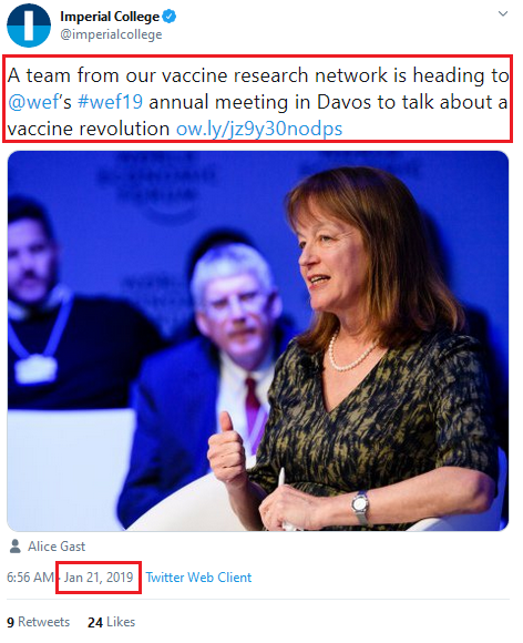 Jan 24 2019: "Imperial scientists present  #vaccine revolution to world leaders at WEF in Davos"Academics from Imperial's Network for Vaccine Research, joined heads of G20 & other states,  #CEOs of  #multinationals, members of int. orgs & other scientists at the  #WEF meeting.