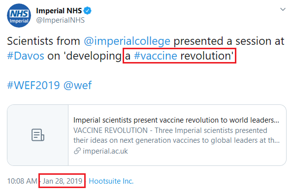 Jan 24 2019: "Imperial scientists present  #vaccine revolution to world leaders at WEF in Davos"Academics from Imperial's Network for Vaccine Research, joined heads of G20 & other states,  #CEOs of  #multinationals, members of int. orgs & other scientists at the  #WEF meeting.