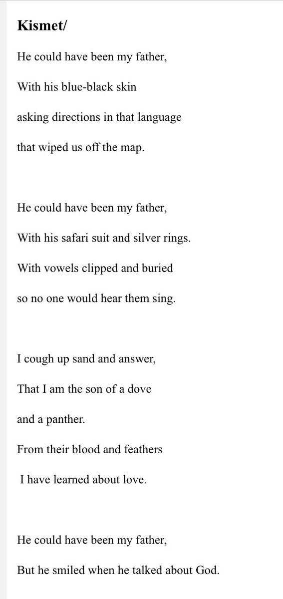 5/30: “Kismet” By K. Eltinaé ( @keltinae): “I cough up sand and answer, That I am the son of a dove and a panther. From their blood and feathers I have learned about love.”