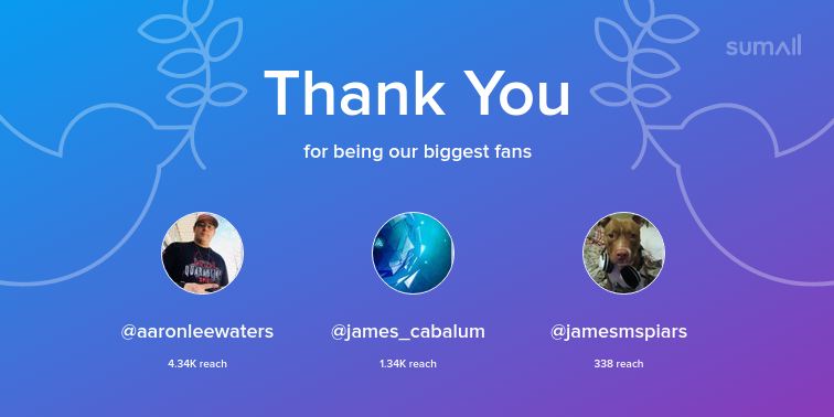 Our biggest fans this week: aaronleewaters, james_cabalum, jamesmspiars. Thank you! via sumall.com/thankyou?utm_s…