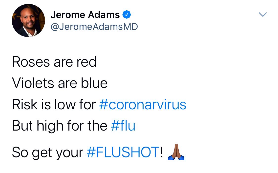 The surgeon general of the United States,  @JeromeAdamsMD, tweeted this on February 1. When I saw this being tweeted as a screenshot, I suspected that it was fake. It just seemed too ludicrous. But this is my shot of it, taken today. As of this moment, Adams hasn’t deleted it.