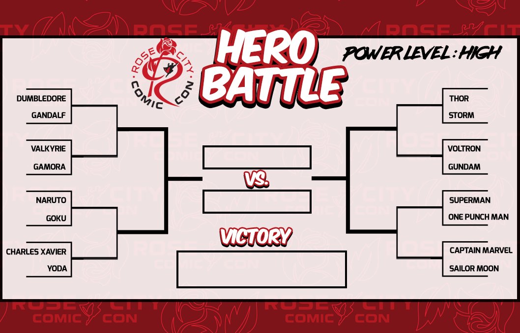 RoseCityCC's tweet photo. Bored? Have some fun with the ๐ฆธโโ๏ธ #RCCCHeroBattle! ๐คผ Why? JUST BECAUSE! Today we've got high-powered heroes duking it out for the top spot. Share your finished bracket and tag us OR just let us know who your ULTIMATE VICTOR is in the comments. #FIGHT #RCCC20 https://t.co/i3z7PXYe3d