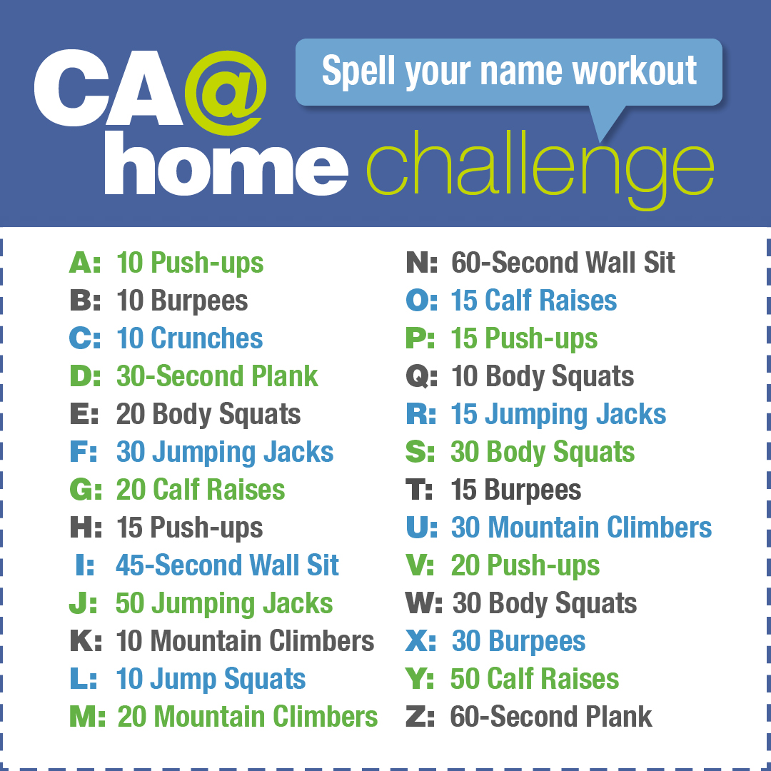 Columbia Association Want To Switch Up Your Exercise Routine Try Our Spell Your Name Workout Challenge Do The Exercise Listed For Each Letter In Your Full Name Try It Out