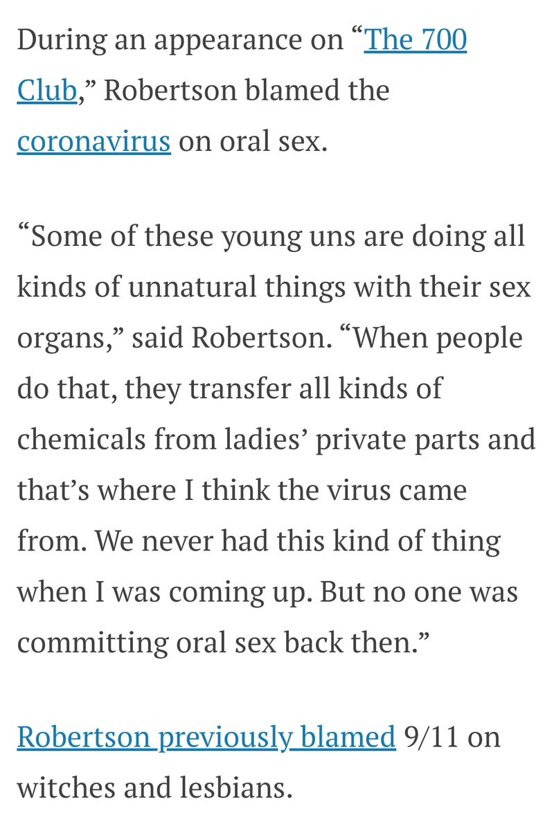 Fear not everyone, Pat Robertson has worked out what caused the Coronavirus; oral sex! With women! Which they didn't have when he was younger!