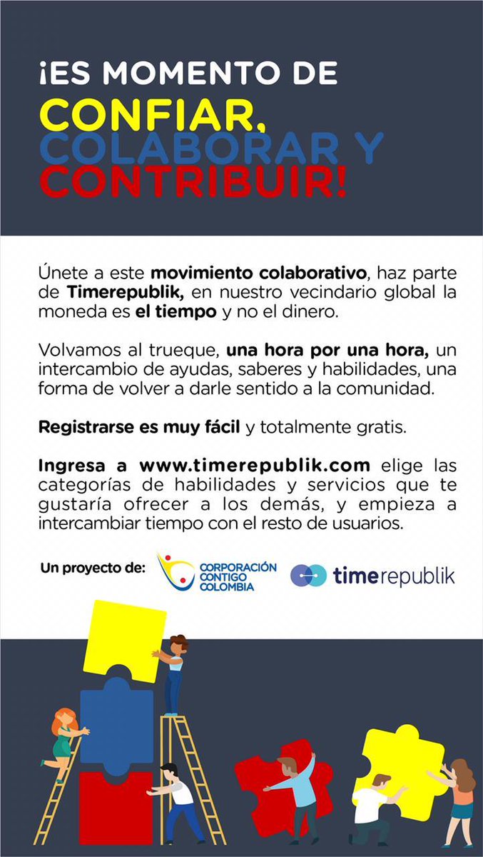 contcolombia's tweet photo. @CNDColombia Estamos compartiendo el sueño de crear un Banco de Tiempo como una comunidad depersonas que intercambien sus talentos y sus servicios libremente donde la moneda no sea el dinero sino el tiempo y la confianza. https://t.co/jDldH5nyc5