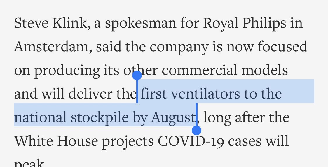 Meanwhile, another company won’t begin delivering ventilators for the stockpile until *August.* https://apnews.com/090600c299a8cf07f5b44d92534856bc