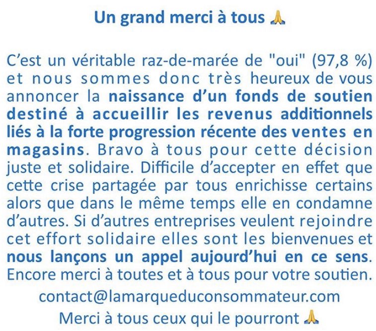 #Covid_19 : <a href="/C_qui_le_Patron/">C'est qui le Patron ?!</a> crée 1 fonds de soutien destiné à accueillir les revenus additionnels liés à la progression des ventes &amp; lance un appel aux autres entreprises !Bravo 🙏 #alimentation <a href="/NicoChabanne/">Nicolas Chabanne</a> <a href="/olivier_frey/">Olivier Frey</a> <a href="/ChouetteAgile/">AC</a> <a href="/LemoineArnaud/">Arnaud Lemoine</a>  <a href="/mp_membrives/">MP MEMBRIVES</a> <a href="/RBranco31/">Ricardo Branco</a>