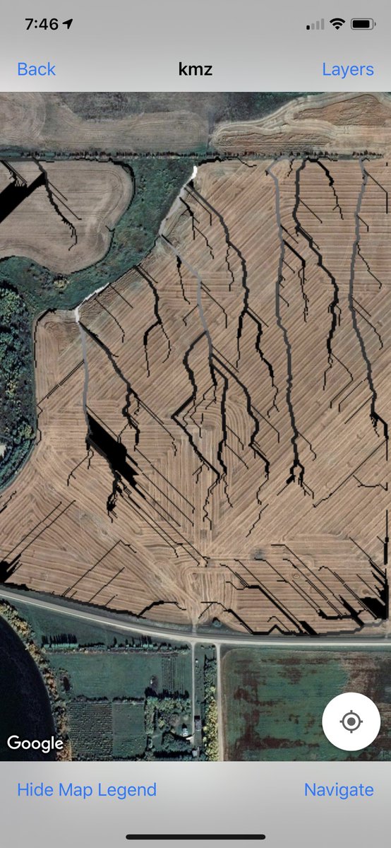 CropProCory's tweet photo. So cool - new @googleearth imagery from fall 2019. We use this in our @CropRecordsSYNC app. Combines were in the field that day. They left the toughest grain till the end (north end water collecting areas). What do you see on your #CropRecords #app and maps? https://t.co/rEPbo0BbyS